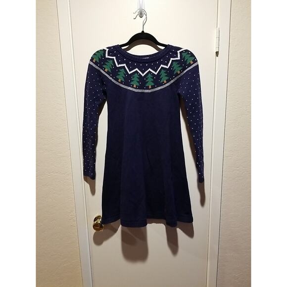 Hanna Anderson Girl Navy Blue With Christmas Trees Knit Dress Size Girl 10 140cm - Picture 2 of 8